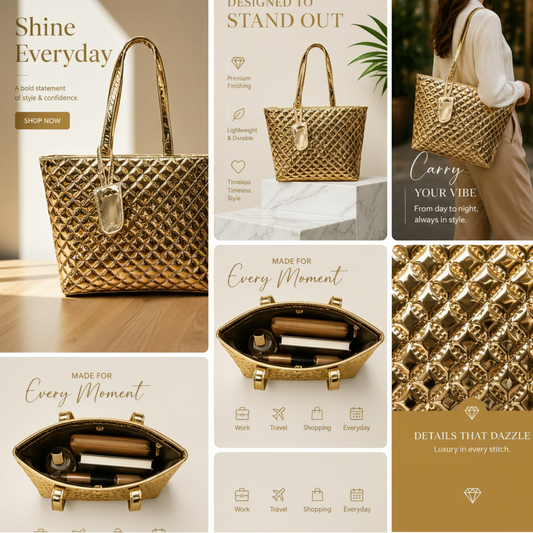 Paris Shine Premium Women's Tote Handbag-Gold