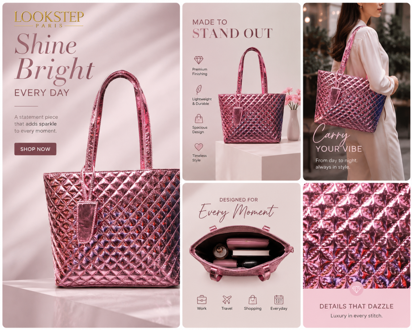 Paris Shine Premium  Women's Handbag Pink