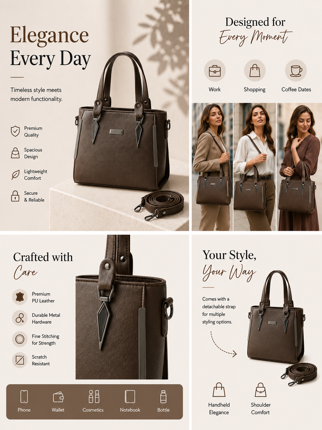 Zenvia Luxury Women's Handbag Dark Coffee